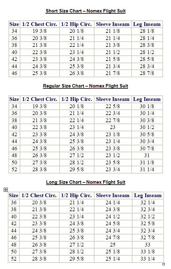 Tru Spec Flight Suit Size Chart